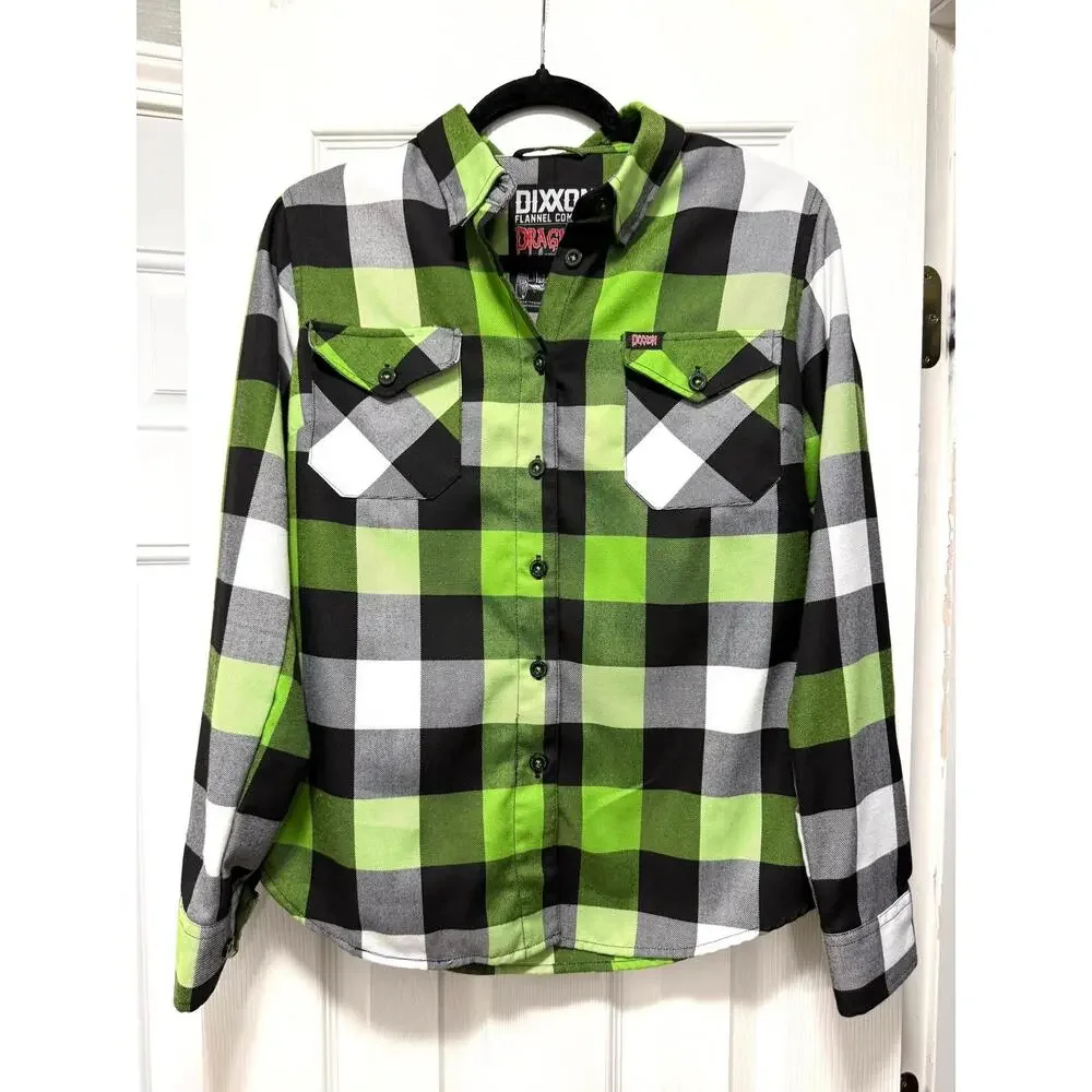 Dixxon Flannel Co Dragula Womens Size M Neon Green Plaid Rare Horror Limited - Picture 1 of 3